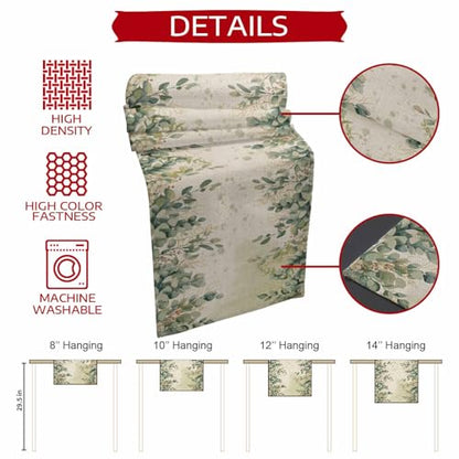 Eucalyptus Leaves Table Runner 48 Inches Long,Sage Green Botanical Leaf Cotton Linen Table Runners Dresser Scarves,Spring Retro Beige Fabric Tabletop Scarf Furniture Cover for Home Dinner Party13 x48 - color: Light Beige Sage Green, size: 13x48 Inches