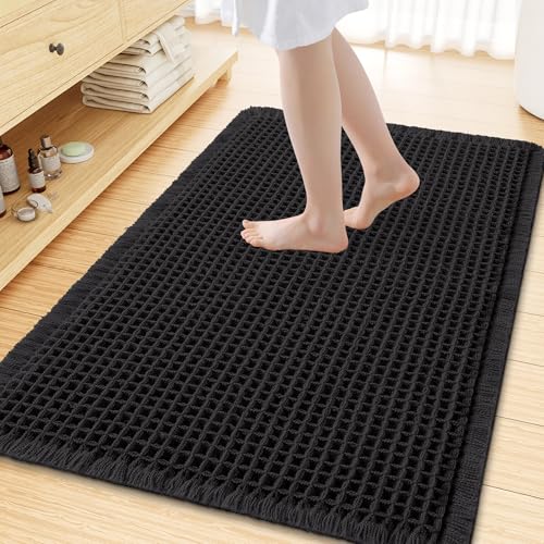 Smiry Waffle Bath Mat 47X32, Extra Soft Absorbent Bathroom Rugs, Black - color: Black, size: 47'' X 32''