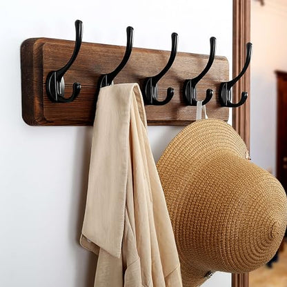 Dseap Wall Mounted Coat Rack: Patented, Heavy-Duty, 17.4" Long 5-Double-Hooks Wooden Hanger Rail for Winter Coats, Hat, Jacket, Clothing - Natural & Black - color: Natural & Black, size: L=17.4" (1pcs)