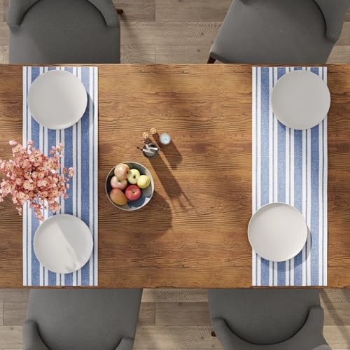 Encasa XO Table Runner, Woven Cotton Dining Linens 13"x36" Blue - color: Franca Blue Stripes, size: 13x36 in