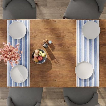 Encasa XO Table Runner, Woven Cotton Dining Linens 13"x36" Blue - color: Franca Blue Stripes, size: 13x36 in