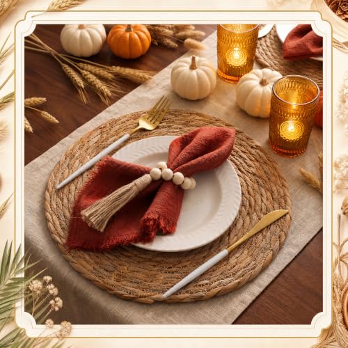 Fanfanwin Set of 6 Boho Woven Placemats with Rust Red Napkins, 13 in - color: Rust Red