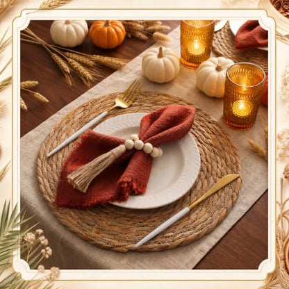 Fanfanwin Set of 6 Boho Woven Placemats with Rust Red Napkins, 13 in - color: Rust Red