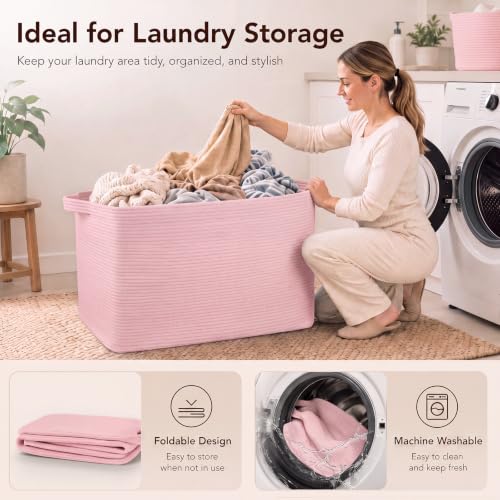 OIASKET 95L Extra Large Blanket Basket, 24" x 16.9" x 14.2" Woven Basket - color: Pink, size: 24"x16.9"x14.2"