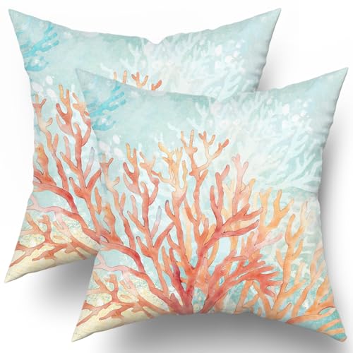 Giwawa Coastal Coral Throw Pillow Covers 18x18 Inches Set of 2, Beach Ocean Seashell Themed Pillow Cushion Cases, Farmhouse Decoration Square Pillowcases for Sofa Couch Bedroom Living Room Car - color: Orange Coral, size: 18" x 18" (Pack of 2)