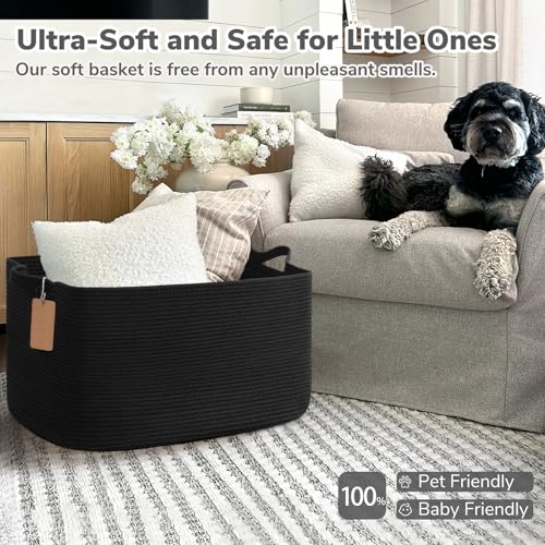 Goodpick 75L Extra Large Woven Rope Blanket Basket, Rectangle, Black - color: Black, size: 22"L x 17"W x 12"H