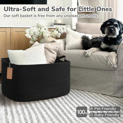 Goodpick 75L Extra Large Woven Rope Blanket Basket, Rectangle, Black - color: Black, size: 22"L x 17"W x 12"H