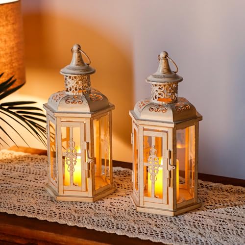 JHY DESIGN Set of 2 Rustic Decorative Lanterns 10" H Vintage Hanging Lantern Metal Candleholder for Indoor Outdoor, Events, Parities, Patio and Wedding(White with Gold Brush) - color: Set of 2 10"h White