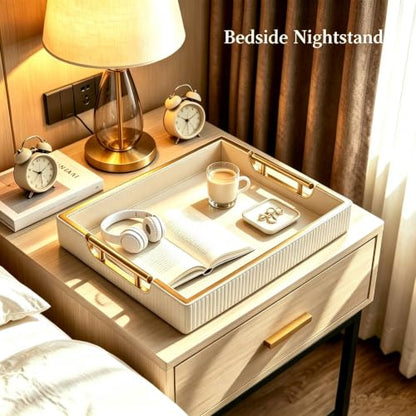 16''x12'' Leather Coffee Table Serving Tray with Gold Handle(Large White) - color: White