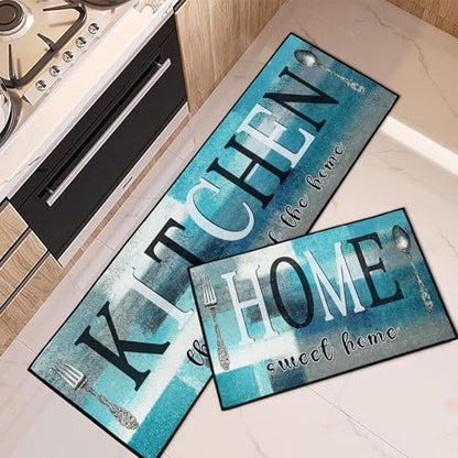 Kitchen Rugs Set of 2 Non Slip WashableAbstract Teal Turquoise - color: Teal Turquoise 1