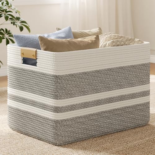 Nunsino 96L Blanket Basket with Leather Handles,Laundry Basket,Gray White - color: Grey White, size: 96L
