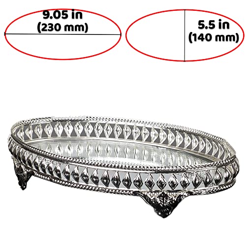 Handmade Jewelry Tray Mirror, Filigree Mirrored Tray for Gift, Oval Metal Vanity Trays for Dressing Table, Fancy Mirror Tray for Perfume (Silver)