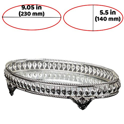 Handmade Jewelry Tray Mirror, Filigree Mirrored Tray for Gift, Oval Metal Vanity Trays for Dressing Table, Fancy Mirror Tray for Perfume (Silver)