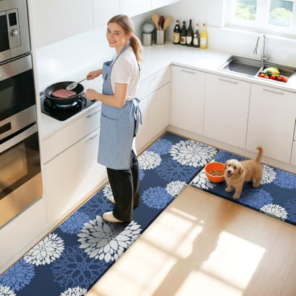 Kitchen Mats 2 Piece Set, Anti Fatigue Non Slip Cushioned Floor Rugs, Blue - size: 17.3"W×70"L+17.3"W×30"L-0.4"Th