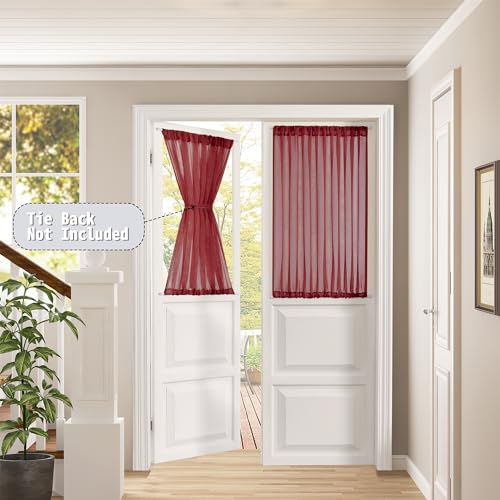 Tollpiz Small Sheer Door Curtain Closet Linen Textured Curtain Sheers Doorway Light Filtering Voile French Door Rod Pocket Curtains Patio Glass Doors, 25 x 40 inches Long, Burgundy Red, 1 Panel - color: Burgundy Red, size: 25"W x 40"L (Pack of 1)