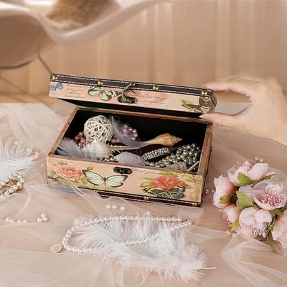 ELLDOO Butterfly Treasure Chest Box, Wooden + PU Leather Storage Decorative Box for Jewelry Trinkets Photos, Rectangular Keepsakes Box for Girls Women Gifts