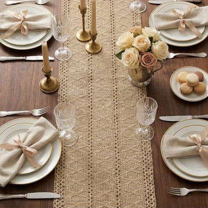 Burlap Boho Table Runner Macrame Brown 60in Farmhouse Woven Runner - color: Brown, size: 12'' x 60''