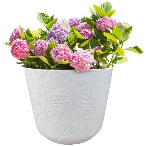Large 16 Inch Diameter White Resin Planter, Round Flower Pot for Indoor Outdoor Plants, Modern Decorative Container, Lightweight Durable for Patio, Living Room