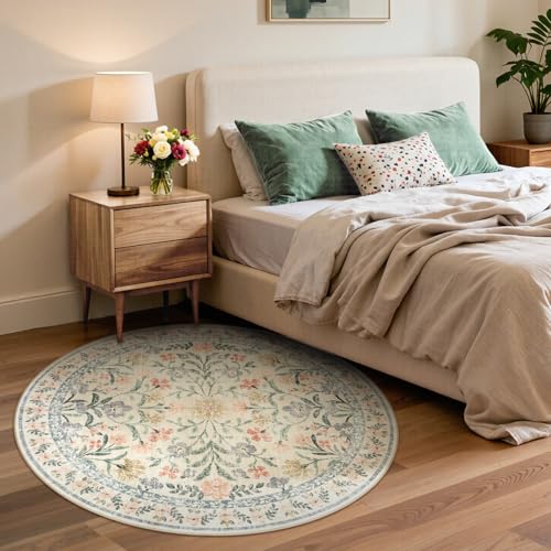 Lahome 6ft Beige Round Rug, Cream Floral Circle Babay Girls Bedroom Rug - color: Beige, size: 6' (Round)