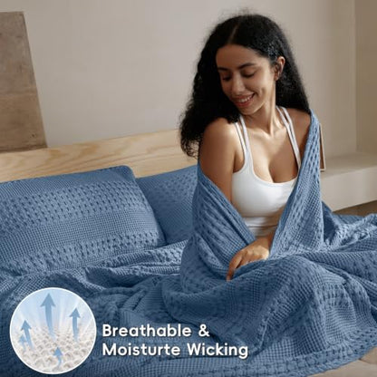 PHF Lightweight 100% Cotton Waffle Throw Blanket for Couch, Denim Blue - color: 07 Denim Blue, size: Throw(50"x60")