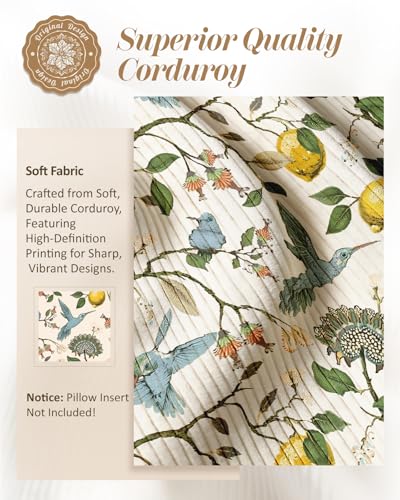 Corduroy Throw Pillow Covers 18x18 - Set of 2 Decorative Spring Pillow Covers with Zipper Farmhouse Decor Vintage Throw Pillowcases for Couch Sofa Living Room Home Bedroom, Lemon Bird - color: Lemon Bird, size: 18" x 18" (Pack of 2)