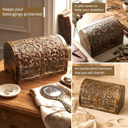 Premium Handmade Wooden Treasure Chest Decorative Trunk for Keepsakes Semicircular Curved Floral Jewellery Box Trinket Box Ladies Jewellery Storage Case Handcrafted Home Decor (Plain Tree)