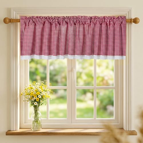 Farmhouse Valance Curtains, Cotton Kitchen Valance Rustic Style Window Valance Half Curtain for Living Room Bathroom Cafe, Rod Pocket, Red White Gingham Plaid, 59 X 16 Inch - color: Red White Gingham Plaid, size: 59"W x 16"L (Pack of 1)