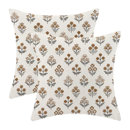 CXMEIFLY Brown Pillow Covers 18 x 18 Inch Set of 2 Boho Gray Grey Floral Outdoor Decor Throw Pillows Vintage Block Print Flower Seasonal Linen Farmhouse Decorative Pillowcases for Couch Sofa - color: Brown Grey Floral Boho, size: 18" x 18" (Pack of 2)