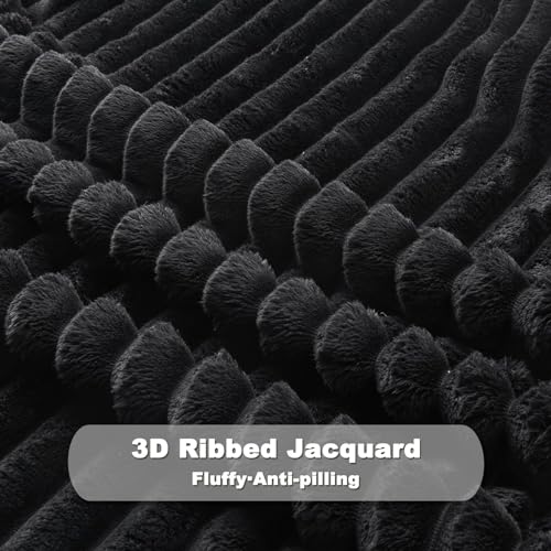 NEWCOSPLAY Fleece Ribbed Cozy Queen Blanket for Couch, Black, 90"x90" - color: Black Ribbed, size: Queen(90"x90")