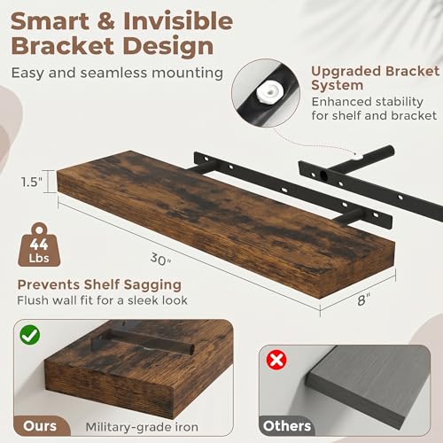 30 Inch Floating Shelves for Wall, 8"D Wood Storage Shelves, Brown Finish - color: Brown, size: 30 Inch