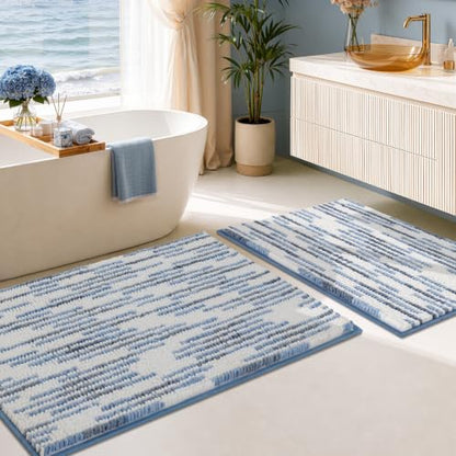BSICPRO Bathroom Rugs Sets 2 Piece, Modern Bath Mat 20"x32"+16"x24", Blue - color: Blue and White, size: 20" x 32" Plus 16" x 24"