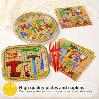 96 Pcs Tools Birthday Handyman Tool Party Decorations, Serves 24 - style: Color Tool Birthday Plates