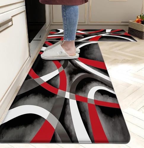 Kitchen Mats for Floor red Kitchen Rugs Modern Abstract Circle Anti Fatigue Kitchen Mats Waterproof Floor Mats Cushioned Non-Skid Standing Mats for Laundry, Office, Set of 2,17.3 x 28+17.3 x 47 Inch - color: Red Circle