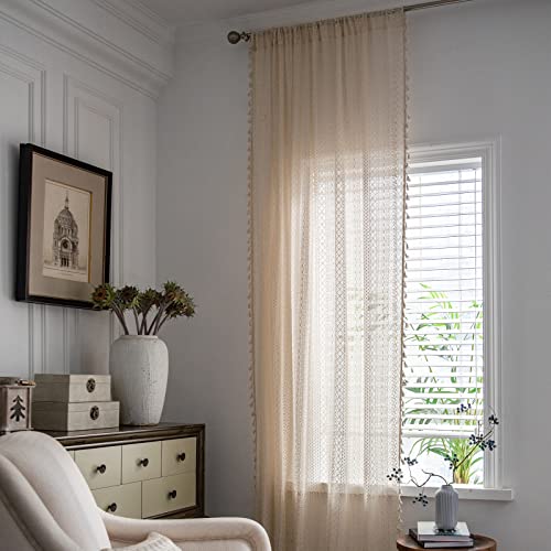 Sutuo Home Beige Boho Lace Sheer Curtains 84 inches Long,Crochet Macrame Semi-Sheer Bohemian Drape with Tassels, Cream Farmhouse Window Curtains for Living Room & Bedroom, 1 Panel 59" W,Rod Pocket - color: Beige Crochet, size: 59"W x 84"L (Pack of 1)