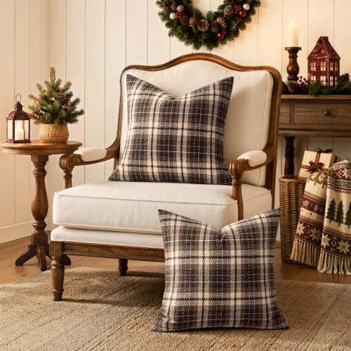 MIULEE Tartan Plaid Throw Pillow Covers Fall 18x18 Inch Coffee Brown - color: Coffee, size: 18" x 18" (Pack of 2)