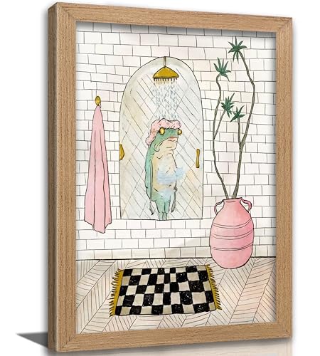 Framed Frog Taking Bathroom Wall Art, Funny Frog Taking Shower Painting Canvas Prints, Cute Humorous Bathroom Animal Wall Decor, Whimsical Bathroom Poster Artwork, for Bathroom Guest Toilet, 16x24in - color: Bathroom Frog, size: 24"Lx16"W