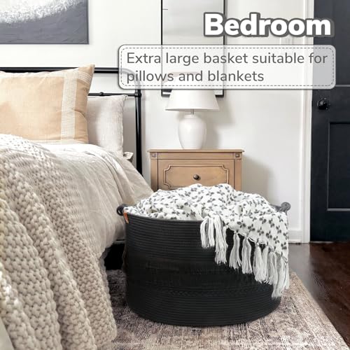 CherryNow 90L Large Woven Rope Blanket Basket with Tassel, 22" x 14", Black - color: Black, size: 83L (22"W x 14"H)