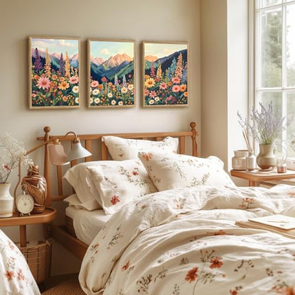 Hianan Wood Framed Boho Moutain Wildflower Wall Art Set of 3, 16x24 in - color: Colourful(Wood), size: 24"L x 16"W