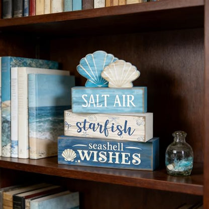 4 Pcs Coastal Summer Beach Tiered Tray Decor Rustic Wooden Nautical Centerpiece Set with Shell Starfish Farmhouse Style Beach Room Decor Summer Tiered Tray Decor - style: Coastal