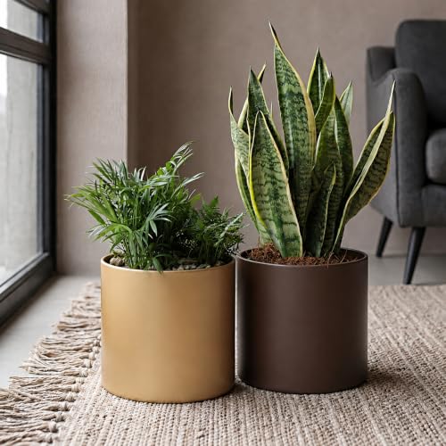 10 Inch Coffee Metal Plant Pot with Drainage Hole, Indoor Outdoor - color: 10 Inch Coffee