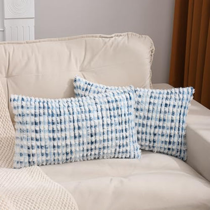 LUOYEHK Boho Throw Pillow Covers 12x20 Inch Set of 2 Chenille Tufted Pillow Case Farmhouse Neutral Cushion Covers for Couch Sofa Bed Living Room, Blue White - color: Blue White, size: 20" x 12" (Pack of 2)