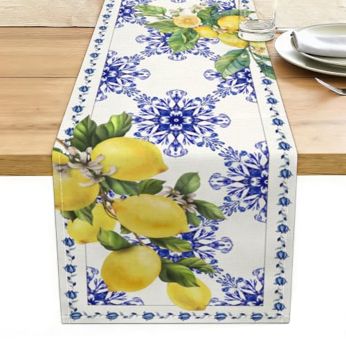 Italy Blue Tiles Runner Decorative, Housewarming Gifts for Women New Home - color: Mediterranean Lemon