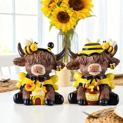 Karenhi 2 Pcs Highland Cow Figurines Resin, Bee Theme Honey Jar Decor - style: Bee