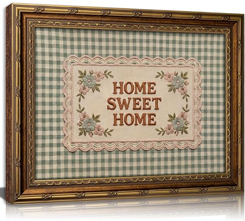 Gold Framed Home Sweet Home Wall Art,Embroidered Style Green Gingham Canvas - color: Home Sweet Home, size: 16"LX12"W