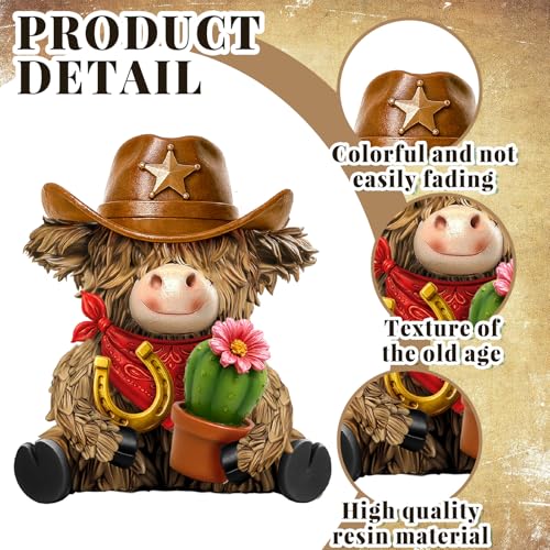 2 Pcs Resin Highland Cow Figurines Decor, Western Cowboy Style - style: Cowboy