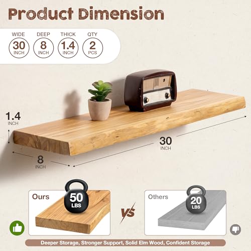 fuqing Live Edge Floating Shelves for Wall, 30 Inch Solid Elm Wood Shelves - color: Natural Elm Live Edge - 8"d, size: 30"L - 2Packs
