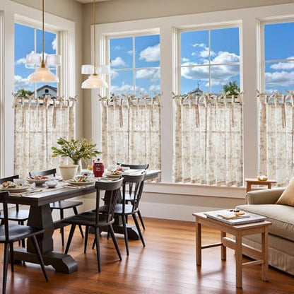 jinchan Taupe Floral Kitchen Tier Curtains Alisa 36 Inches Tie Top 2 Panles - color: Alisa Taupe on Linen, size: 26"W x 36"L (Pack of 2)