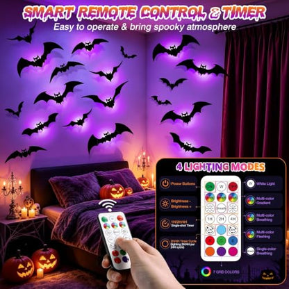 LUDILO 48P Bats Halloween Decorations + 12P Rechargeable Lights with Remote - color: Black, Black