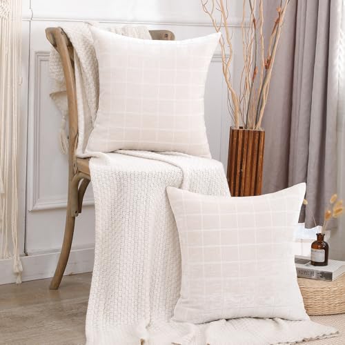 HPUK Checkered Throw Pillow Covers 18x18 Inch, Soft Cut Velvet, Set of 2 - color: Chenil Check-beige
