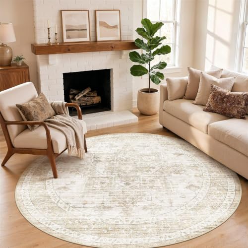 6ft Round Rugs for Living Room: 6x6 Washable Neutral Beige Area Rug - color: Beige, size: 6' (Round)